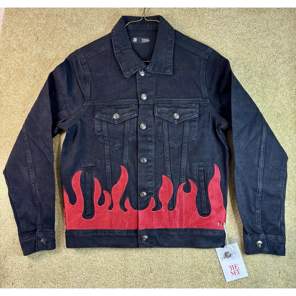 THE MET Black Denim Jacket  X-Small  Flames Embroidered New With Tags HTF